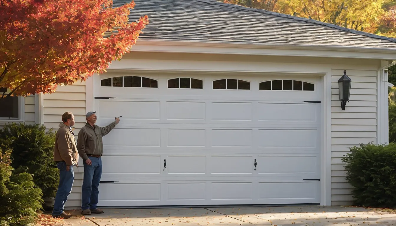 A friendly provider showing a homeowner a new garage door installed on a home in the Chesapeake Beach area