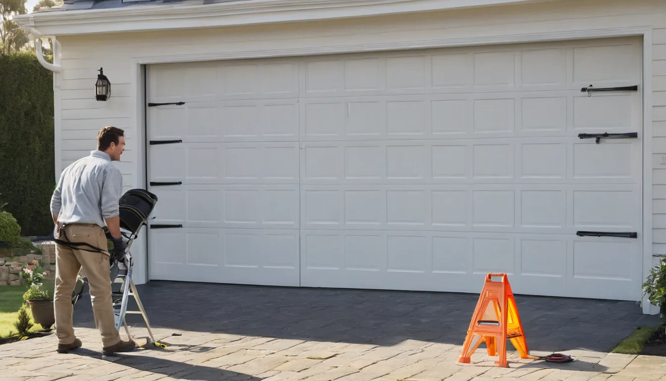 A friendly local garage door provider checking the torsion spring above a residential garage door in the Chesapeake Beach area